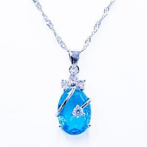Blue Green Zircon Pendant in Silver Necklace
